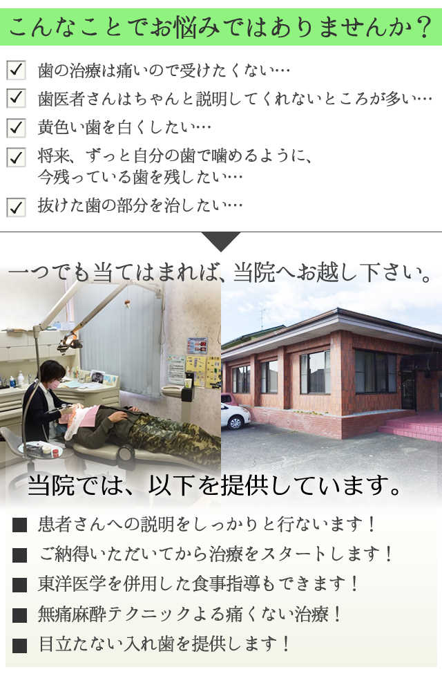 こんなお悩みはございませんか？
 
　歯の治療は痛いので受けたくない・・・
　歯医者さんはちゃんと説明してくれないところが多い・・・
　黄色い歯を白くしたい・・・
　将来、ずっと自分の歯で噛めるように、今残っている歯を残したい・・・
　抜けた歯の部分を治したい・・・
 
一つでも当てはまれば、小野田歯科医院へお越し下さい。
 
サブヘッド
 　 
 
 
当院では、以下を提供しています。
 
☑　患者さんへの説明をしっかりと行ないます！
 
☑　ご納得いただいてから治療をスタートします！
 
☑　東洋医学を併用した食事指導もできます！
 
☑　無痛麻酔テクニックよる痛くない治療！
 
☑　目立たない入れ歯を提供します！
